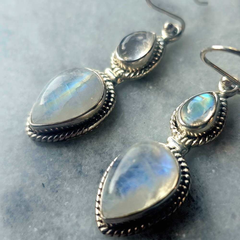 Elegant Sterling Silver and Blue Rainbow Moonstone Earrings